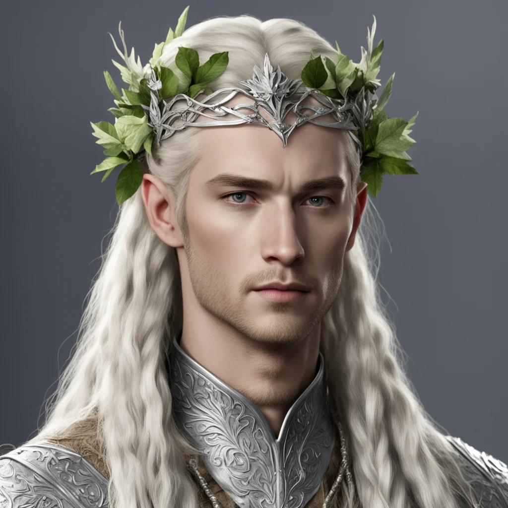 king thranduil with blond hair with braids wearing silver elvish circlet of oak leaves with diamond roses amazing awesome portrait 2