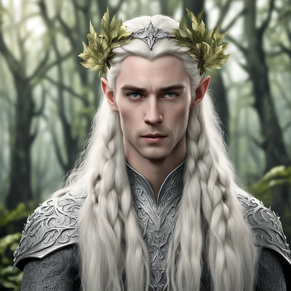 aiking thranduil with blond hair with braids wearing silver elvish circlet of oak leaves with diamond roses confident engaging wow artstation art 3