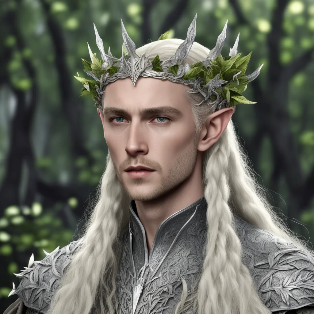 aiking thranduil with blond hair with braids wearing silver elvish circlet of oak leaves with diamond roses good looking trending fantastic 1