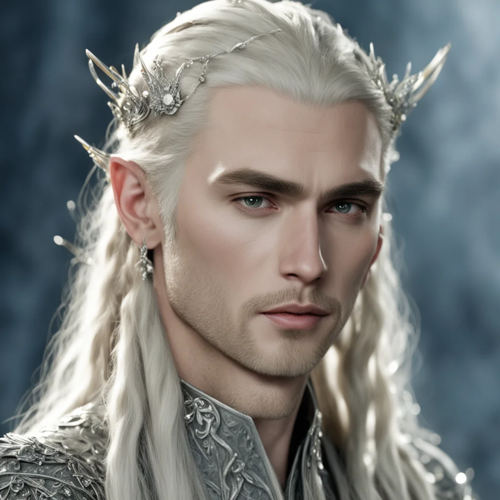 aiking thranduil with blond hair with braids wearing silver elvish hair pins encrusted with diamonds amazing awesome portrait 2