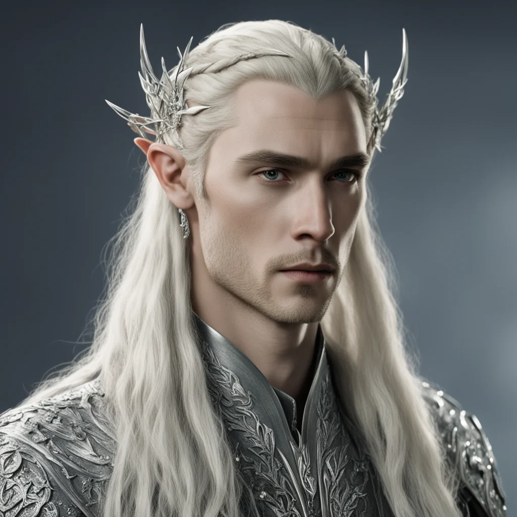 king thranduil with blond hair with braids wearing silver elvish hair pins encrusted with diamonds