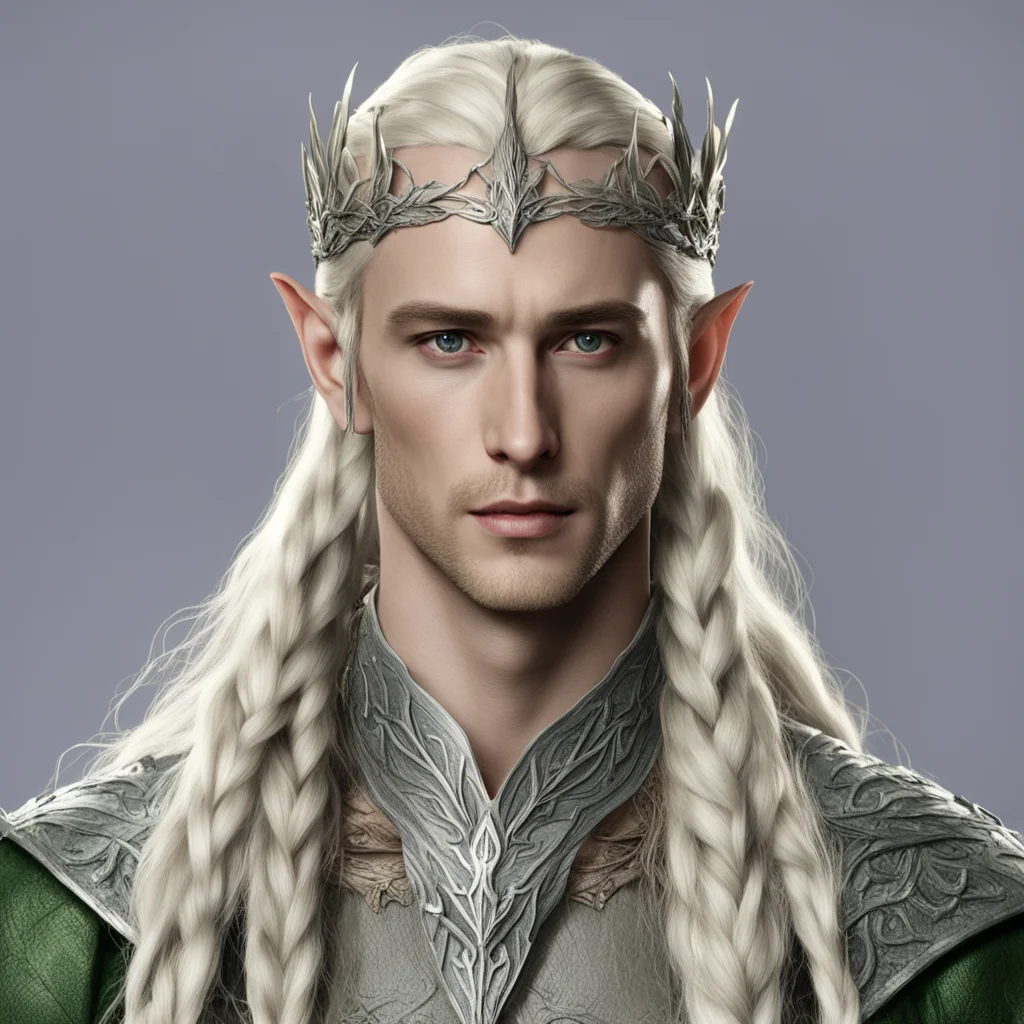 aiking thranduil with blond hair with braids wearing silver fig leaf elvish circlet with diamonds good looking trending fantastic 1