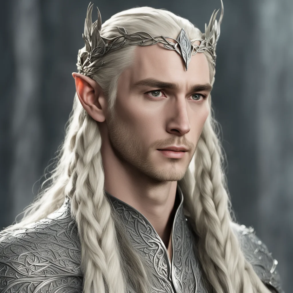 aiking thranduil with blond hair with braids wearing silver fig leaf elvish circlet with diamonds