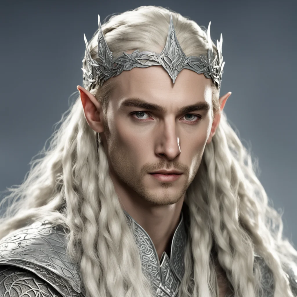 aiking thranduil with blond hair with braids wearing silver fig leaf elvish circlet with large diamonds amazing awesome portrait 2