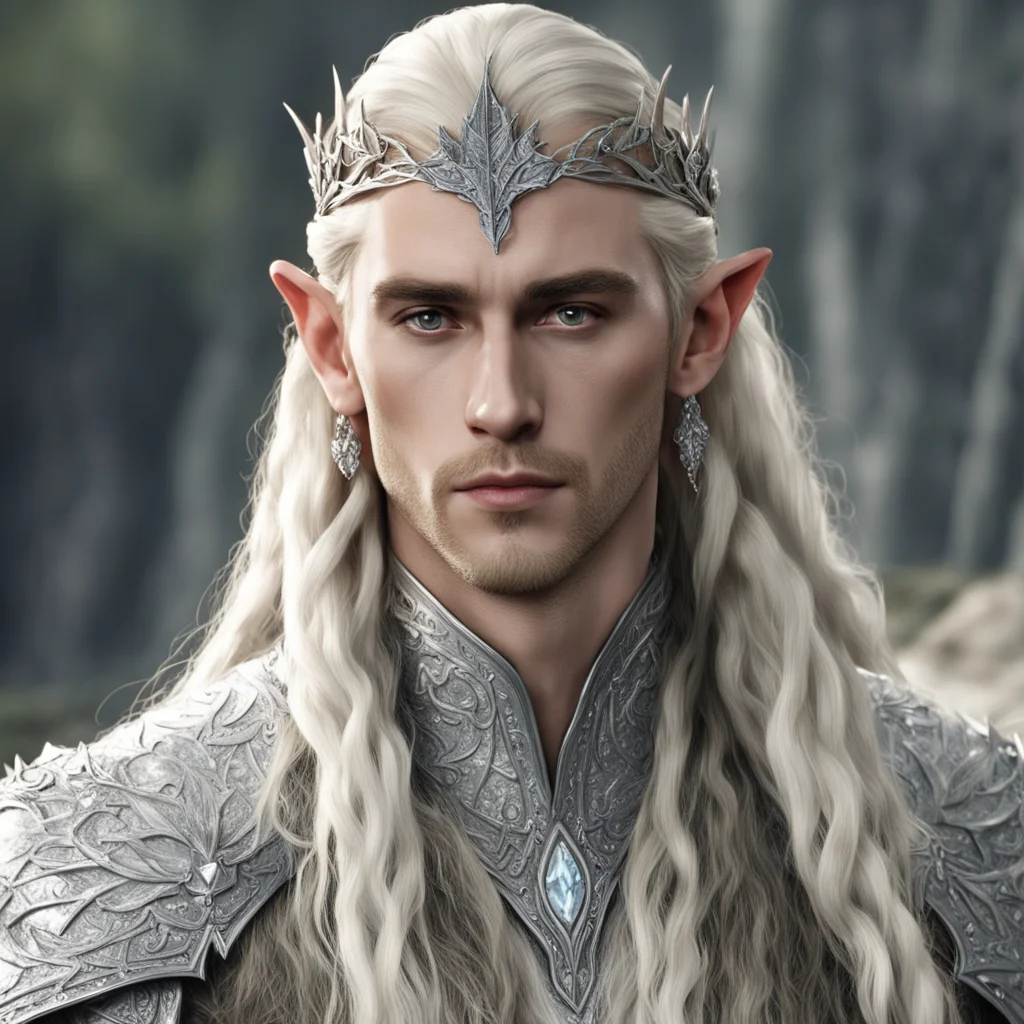 aiking thranduil with blond hair with braids wearing silver fig leaf elvish circlet with large diamonds good looking trending fantastic 1