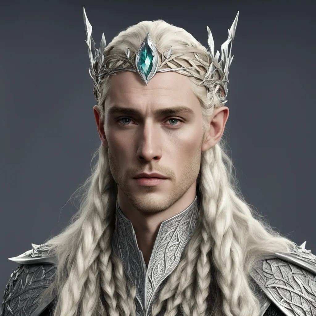 aiking thranduil with blond hair with braids wearing silver fig leaf elvish circlet with large diamonds