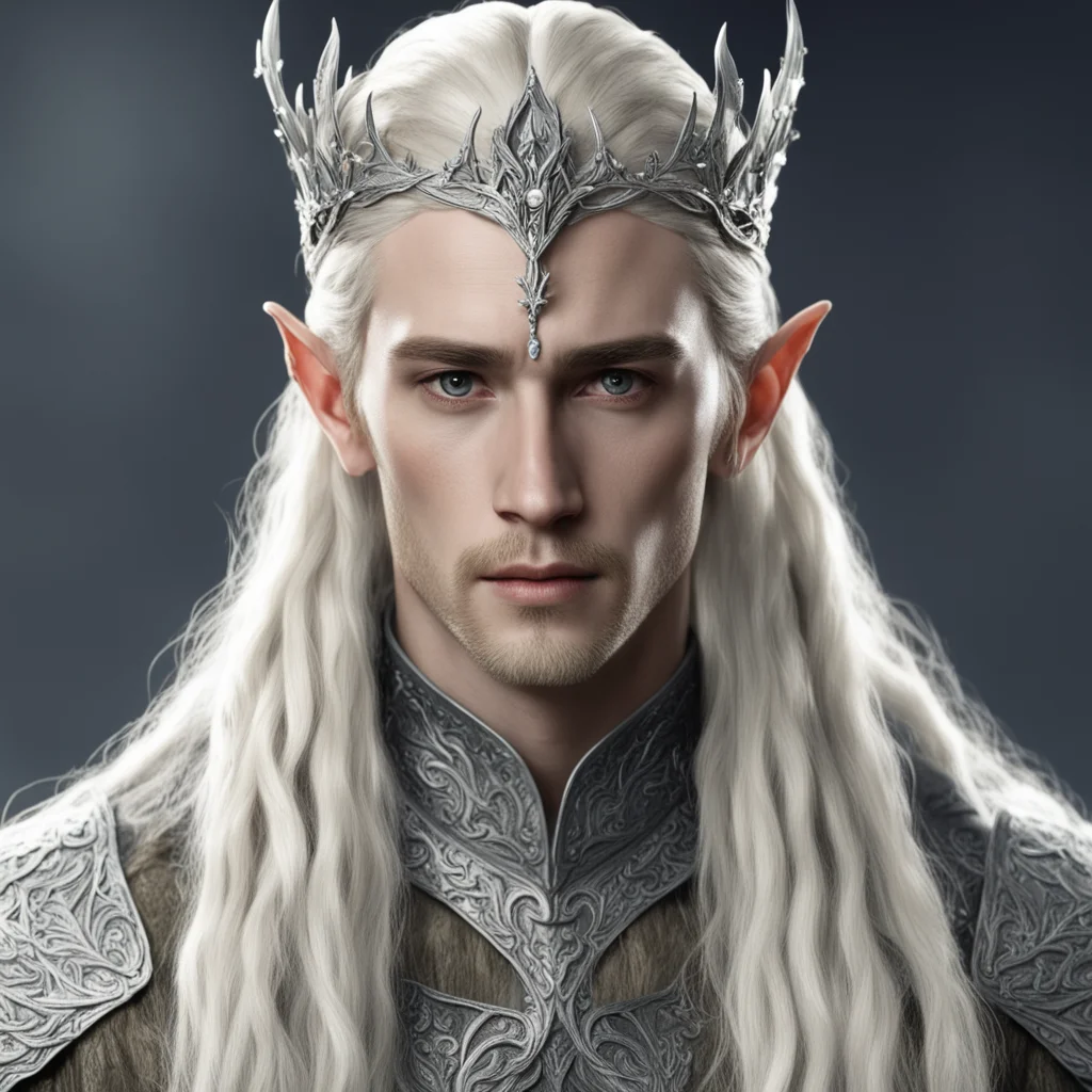 king thranduil with blond hair with braids wearing silver flower elvish circlet encrusted with diamonds 