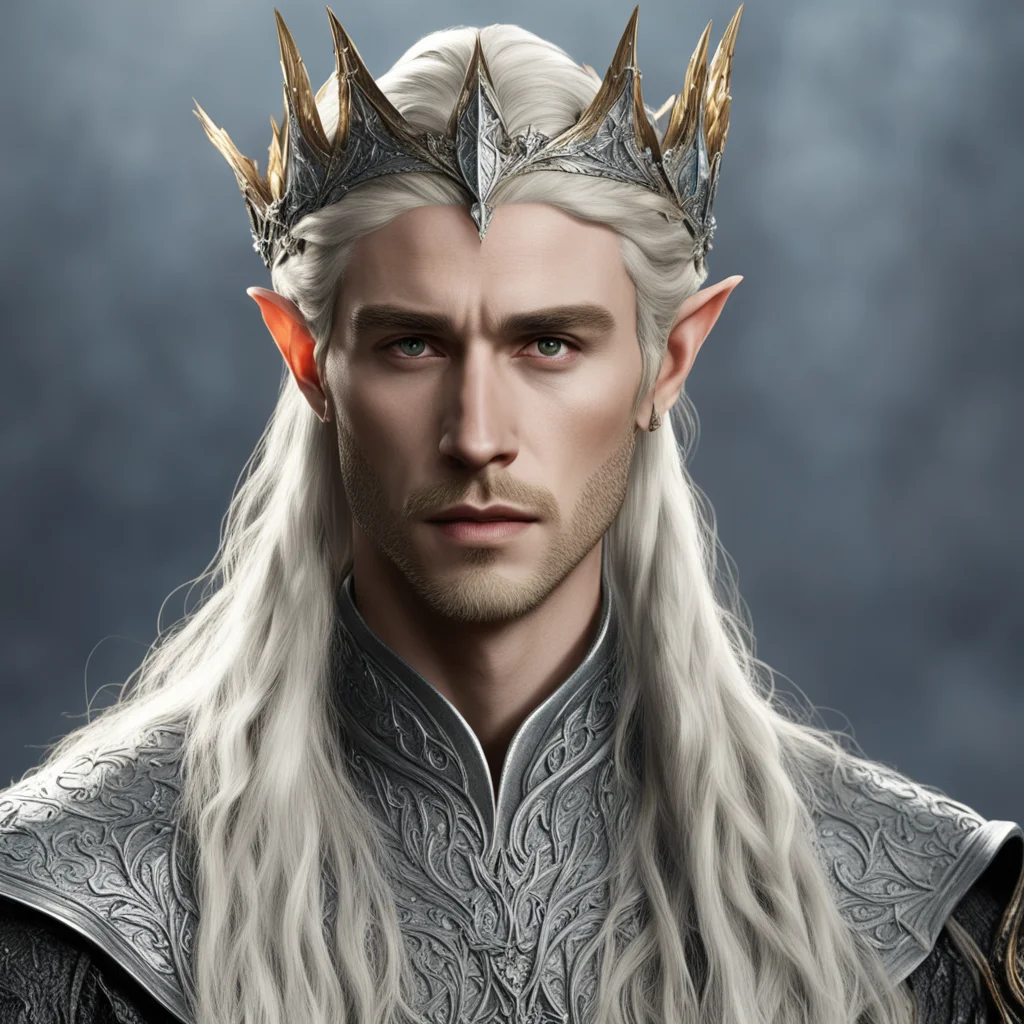 king thranduil with blond hair with braids wearing silver flower elvish circlet encrusted with diamonds good looking trending fantastic 1