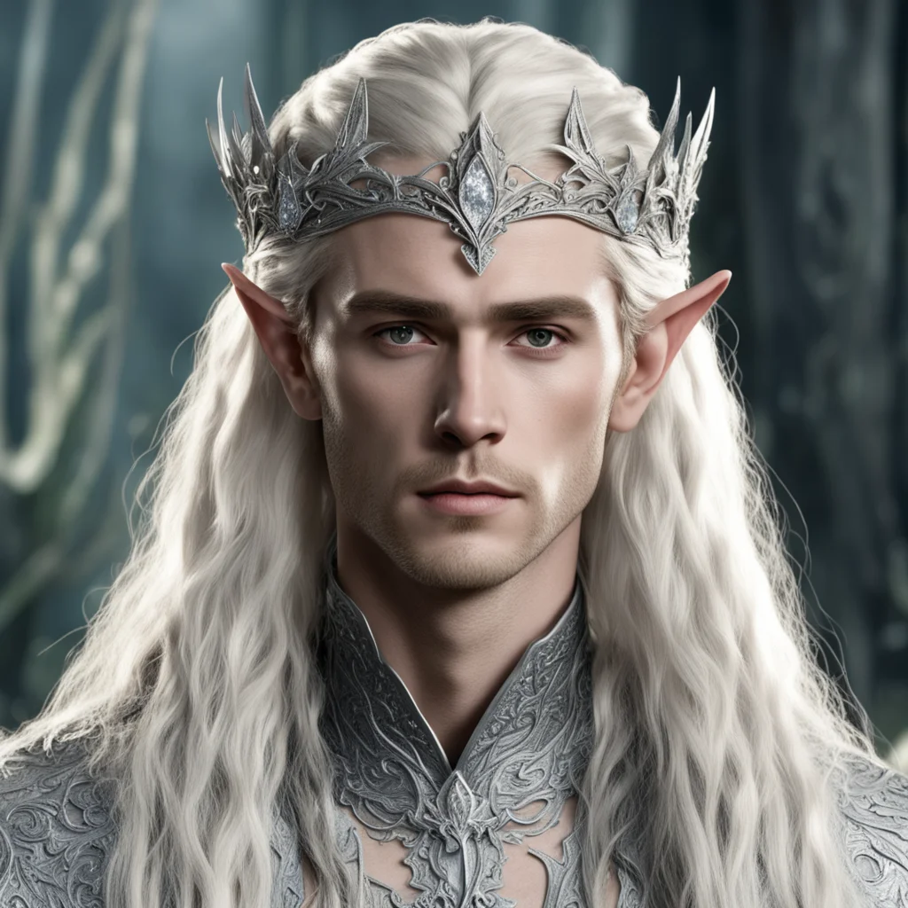 king thranduil with blond hair with braids wearing silver flower elvish circlet encrusted with diamonds with large center diamond amazing awesome portrait 2