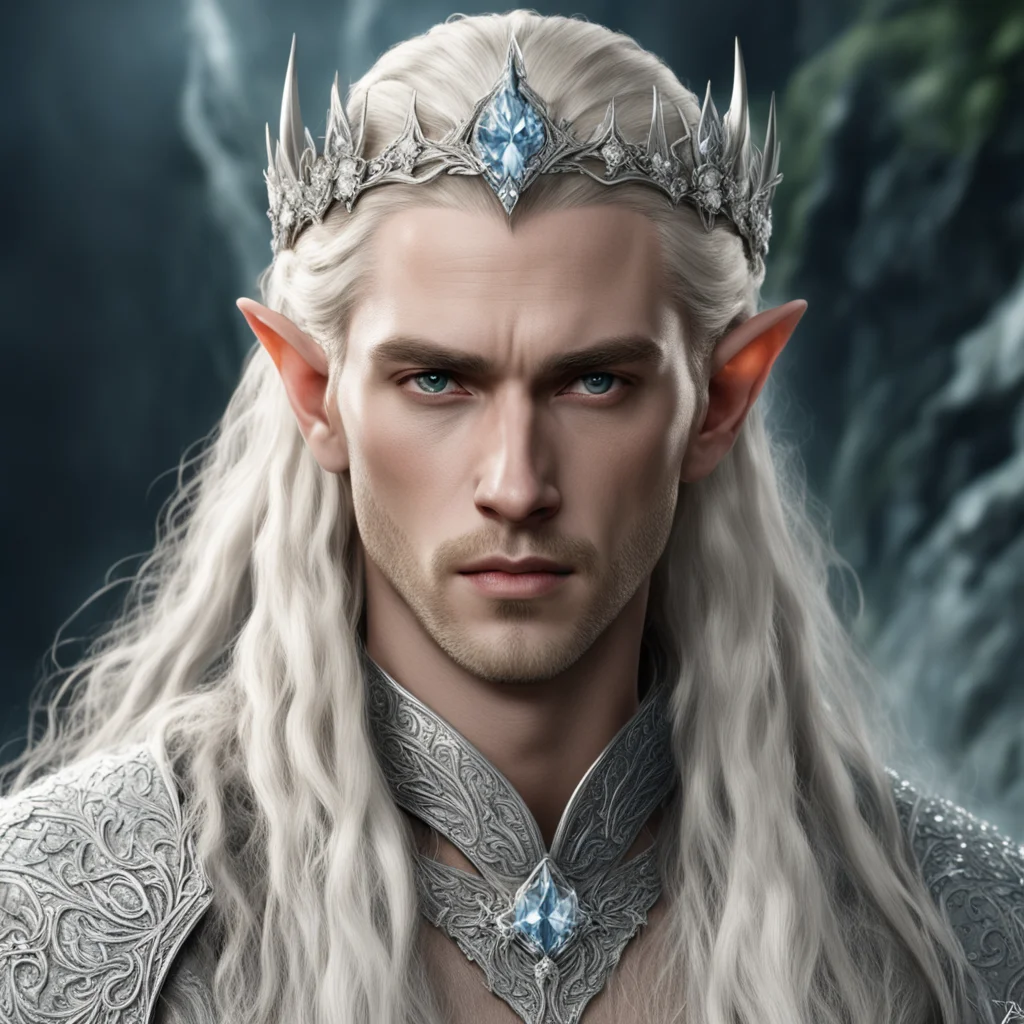 aiking thranduil with blond hair with braids wearing silver flower elvish circlet encrusted with diamonds with large center diamond