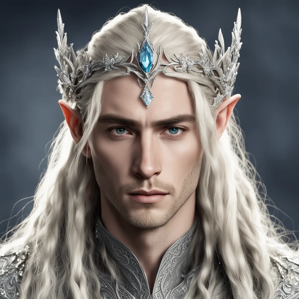 aiking thranduil with blond hair with braids wearing silver flower elvish circlet encrusted with diamonds