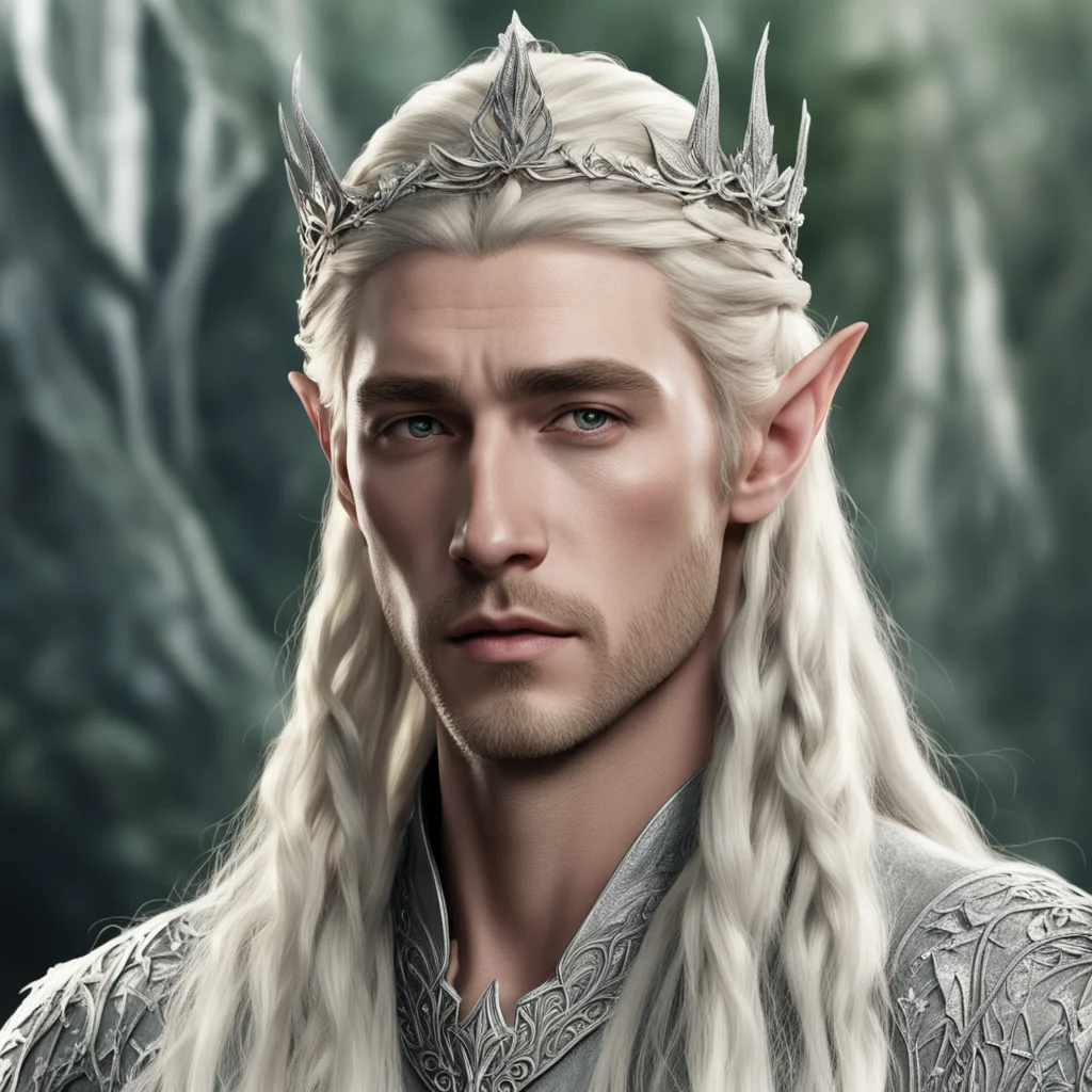 aiking thranduil with blond hair with braids wearing silver flower elvish circlet with diamonds amazing awesome portrait 2