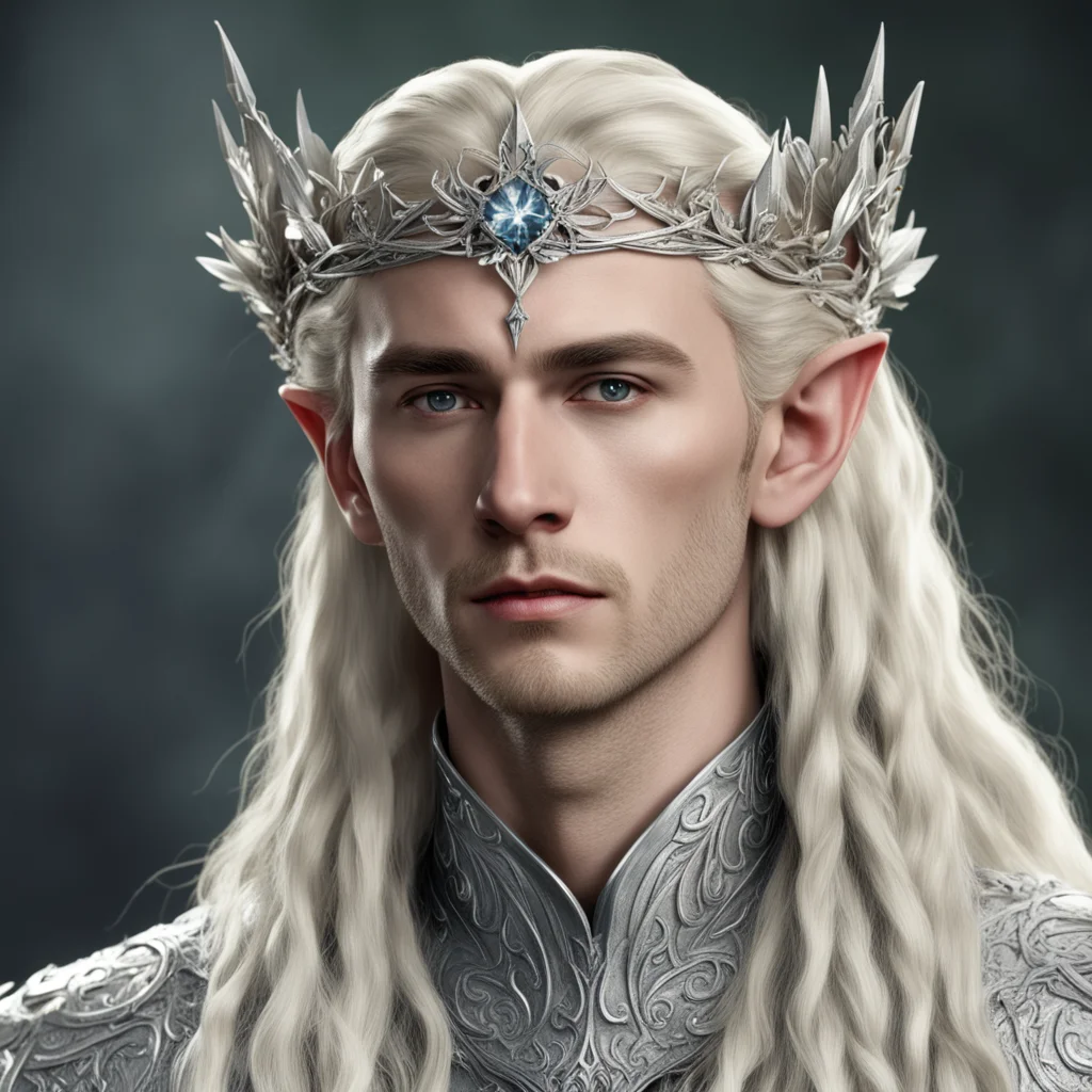 king thranduil with blond hair with braids wearing silver flower elvish circlet with diamonds with large center diamond amazing awesome portrait 2