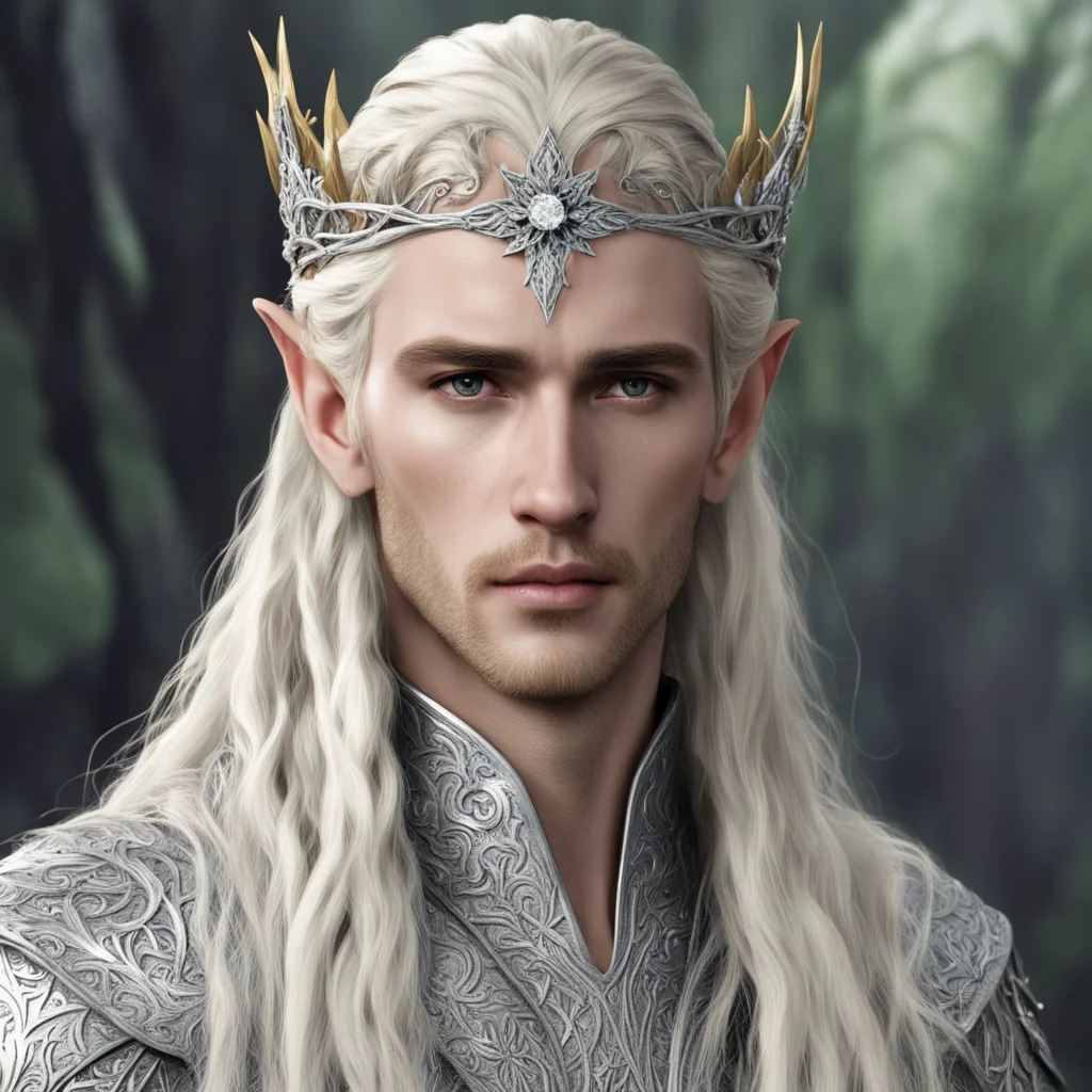 aiking thranduil with blond hair with braids wearing silver flower elvish circlet with diamonds with large center diamond good looking trending fantastic 1