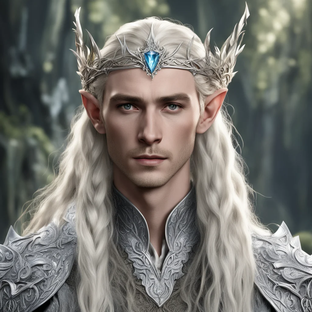 aiking thranduil with blond hair with braids wearing silver flower elvish circlet with large diamonds amazing awesome portrait 2