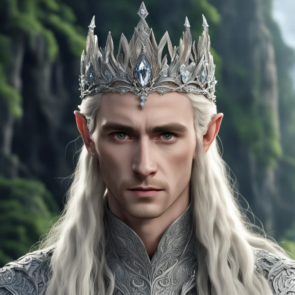 aiking thranduil with blond hair with braids wearing silver flower elvish coronet encrusted with diamonds with large center diamond amazing awesome portrait 2