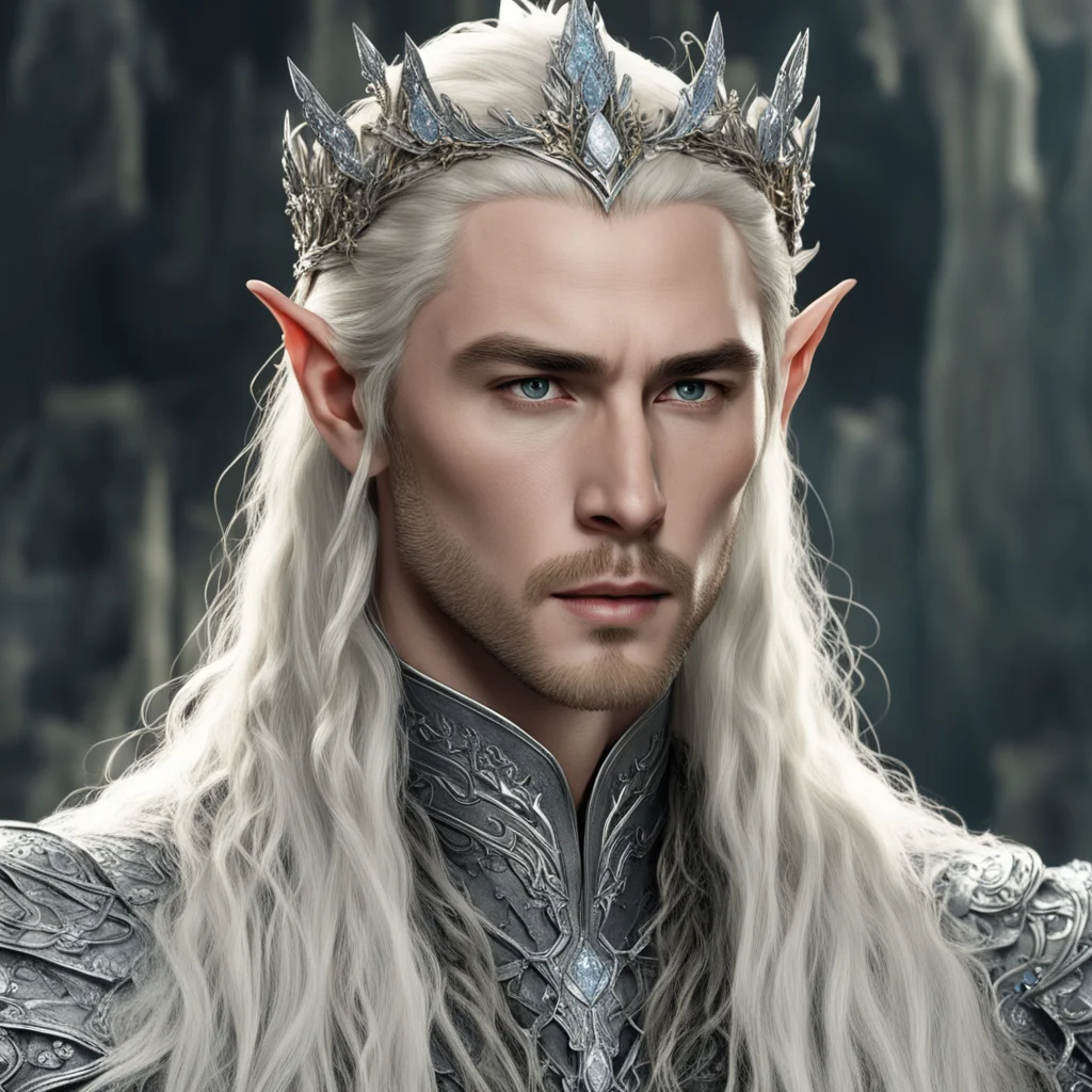 aiking thranduil with blond hair with braids wearing silver flower elvish coronet encrusted with diamonds with large center diamond confident engaging wow artstation art 3