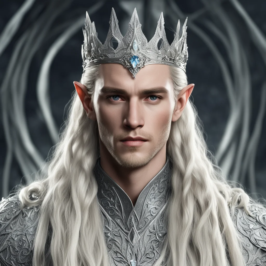 aiking thranduil with blond hair with braids wearing silver flower elvish coronet encrusted with diamonds with large center diamond good looking trending fantastic 1