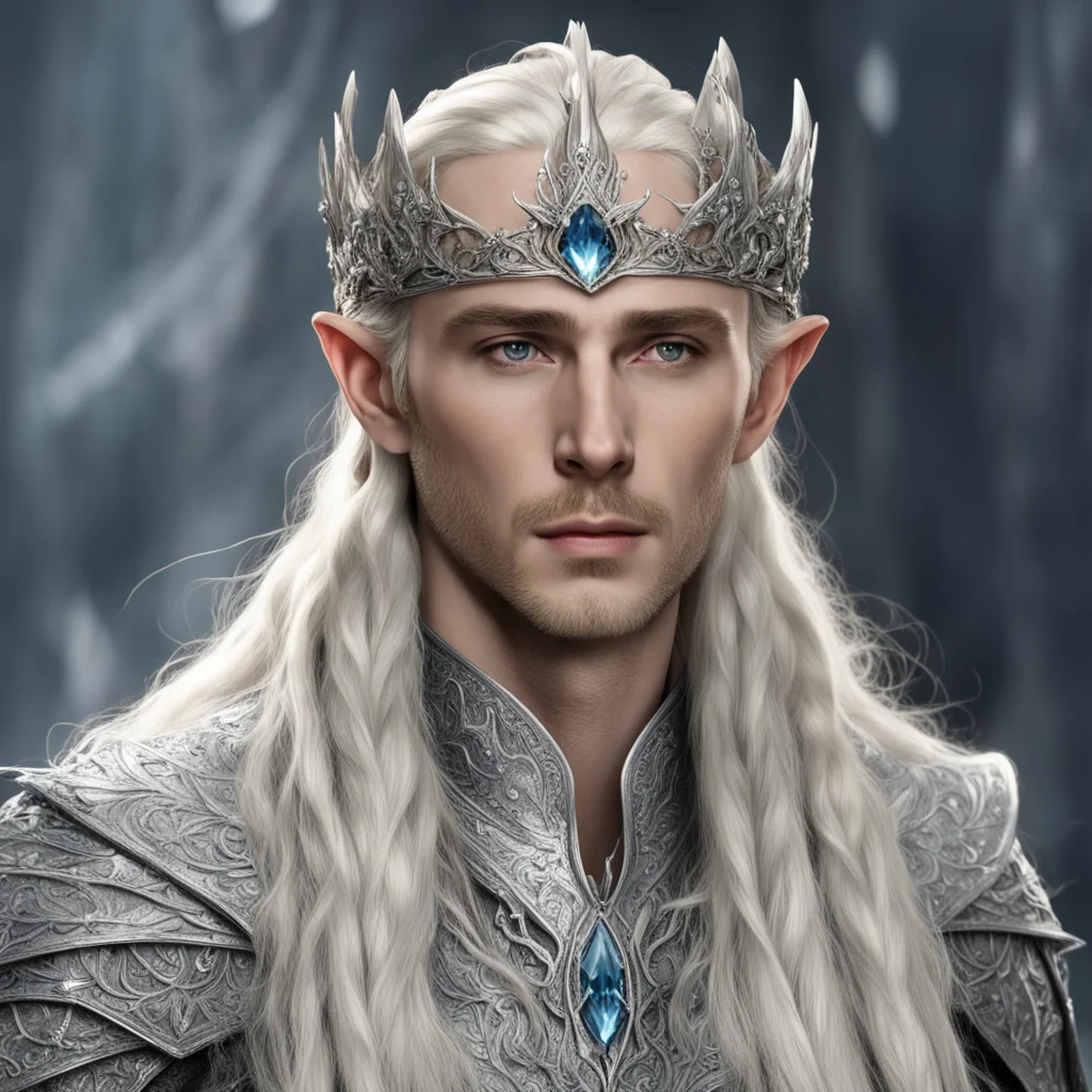 aiking thranduil with blond hair with braids wearing silver flower elvish coronet encrusted with diamonds with large center diamond