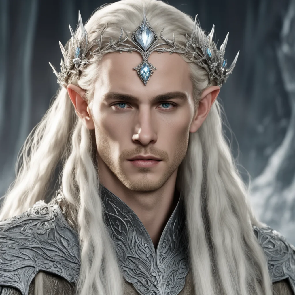 king thranduil with blond hair with braids wearing silver flower elvish tiara encrusted with diamonds with large center diamond amazing awesome portrait 2
