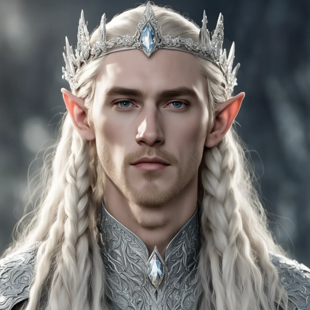 aiking thranduil with blond hair with braids wearing silver flower elvish tiara encrusted with diamonds with large center diamond confident engaging wow artstation art 3