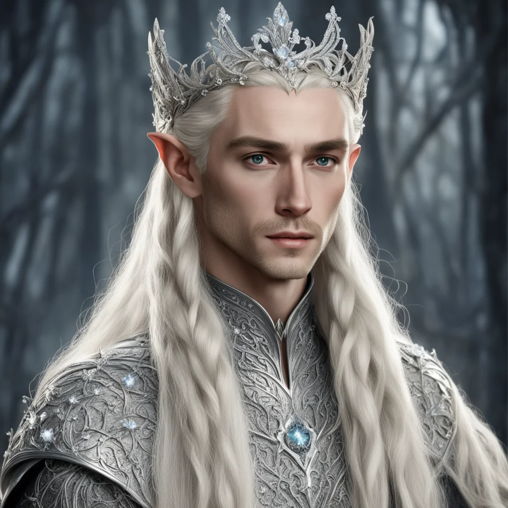 aiking thranduil with blond hair with braids wearing silver flower elvish tiara encrusted with diamonds with large center diamond good looking trending fantastic 1
