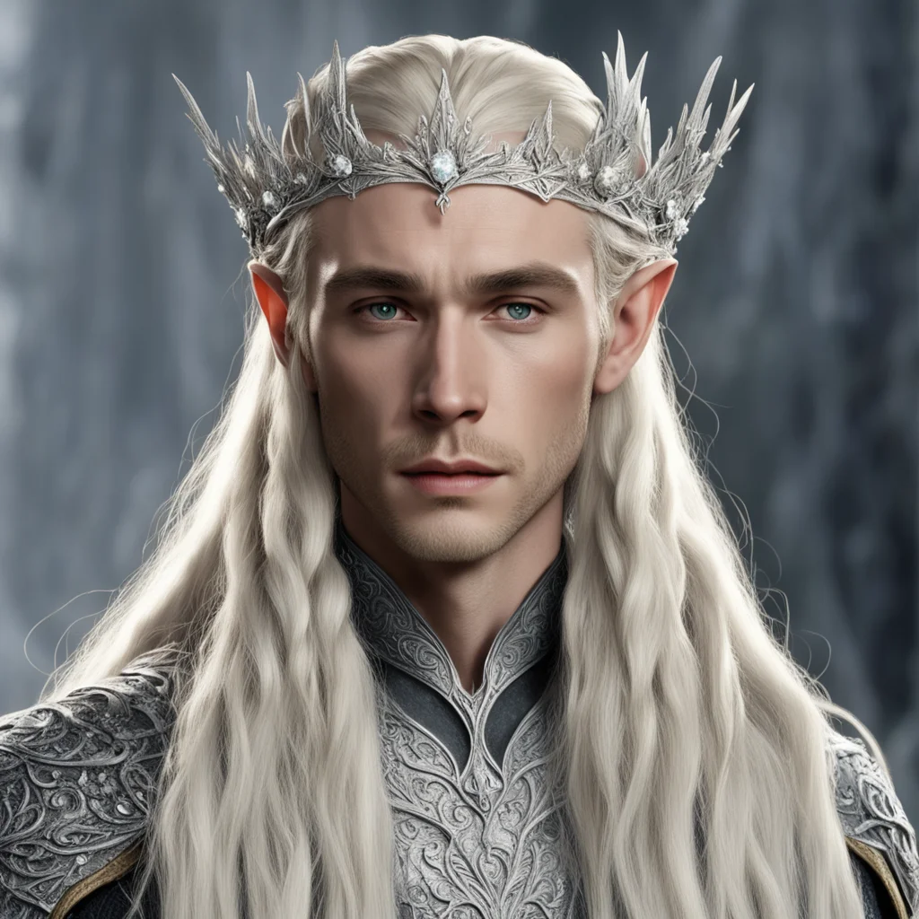 aiking thranduil with blond hair with braids wearing silver flower elvish tiara encrusted with diamonds with large center diamond