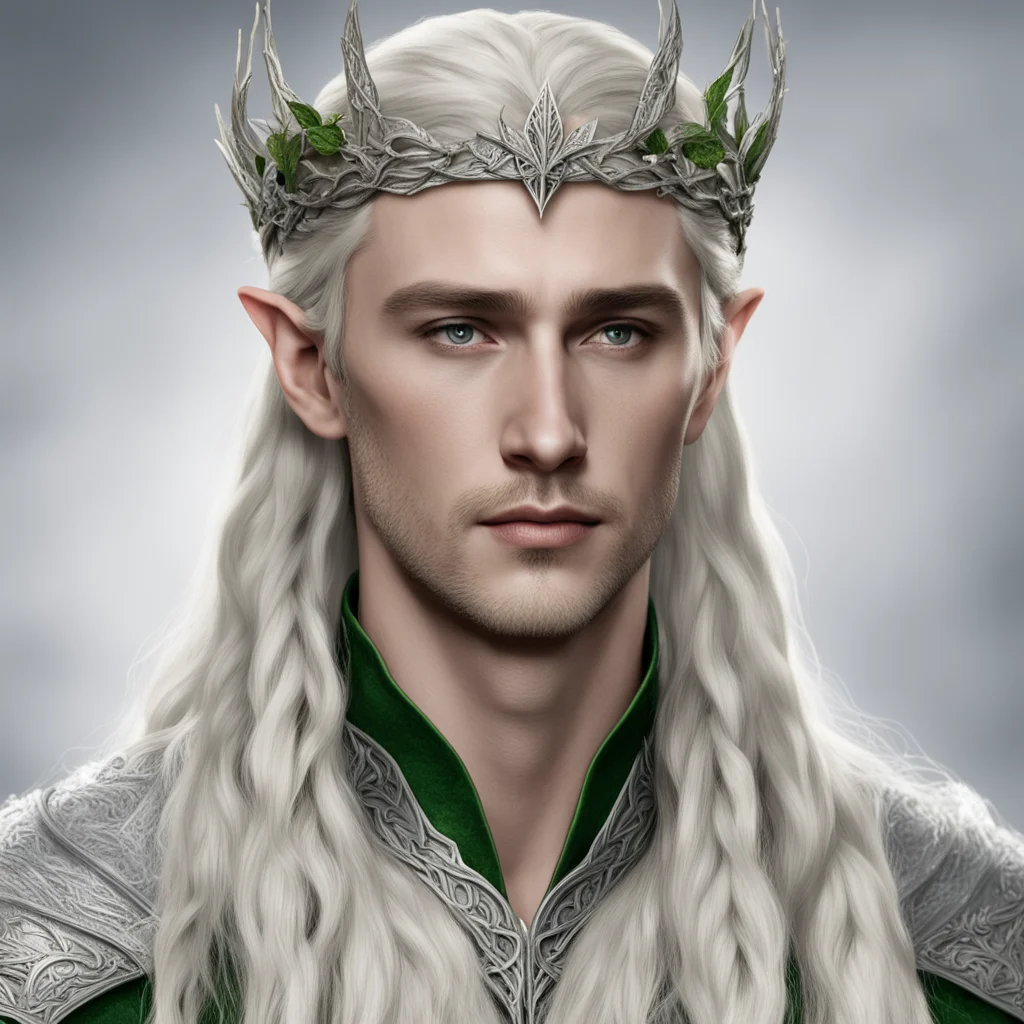 aiking thranduil with blond hair with braids wearing silver ivy leaf elvish circlet with diamonds good looking trending fantastic 1