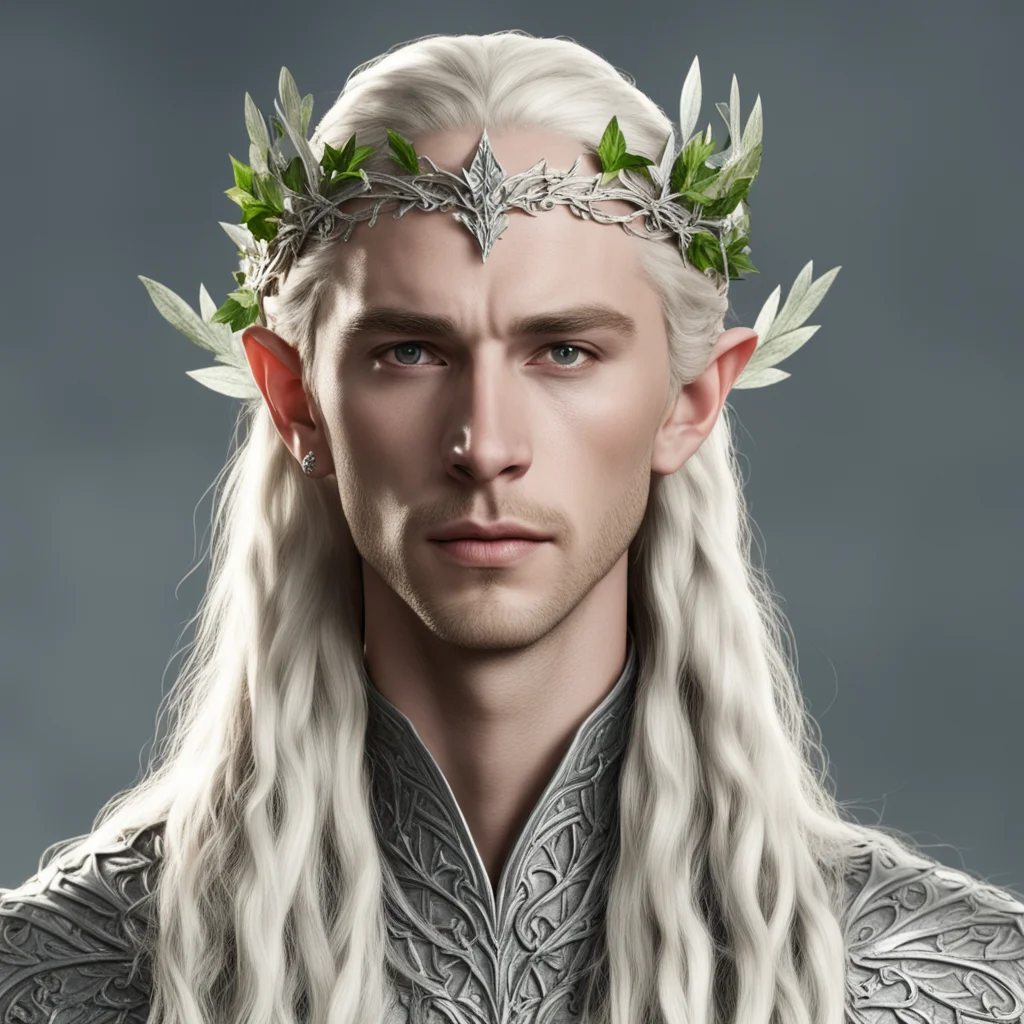 aiking thranduil with blond hair with braids wearing silver ivy leaf elvish circlet with diamonds