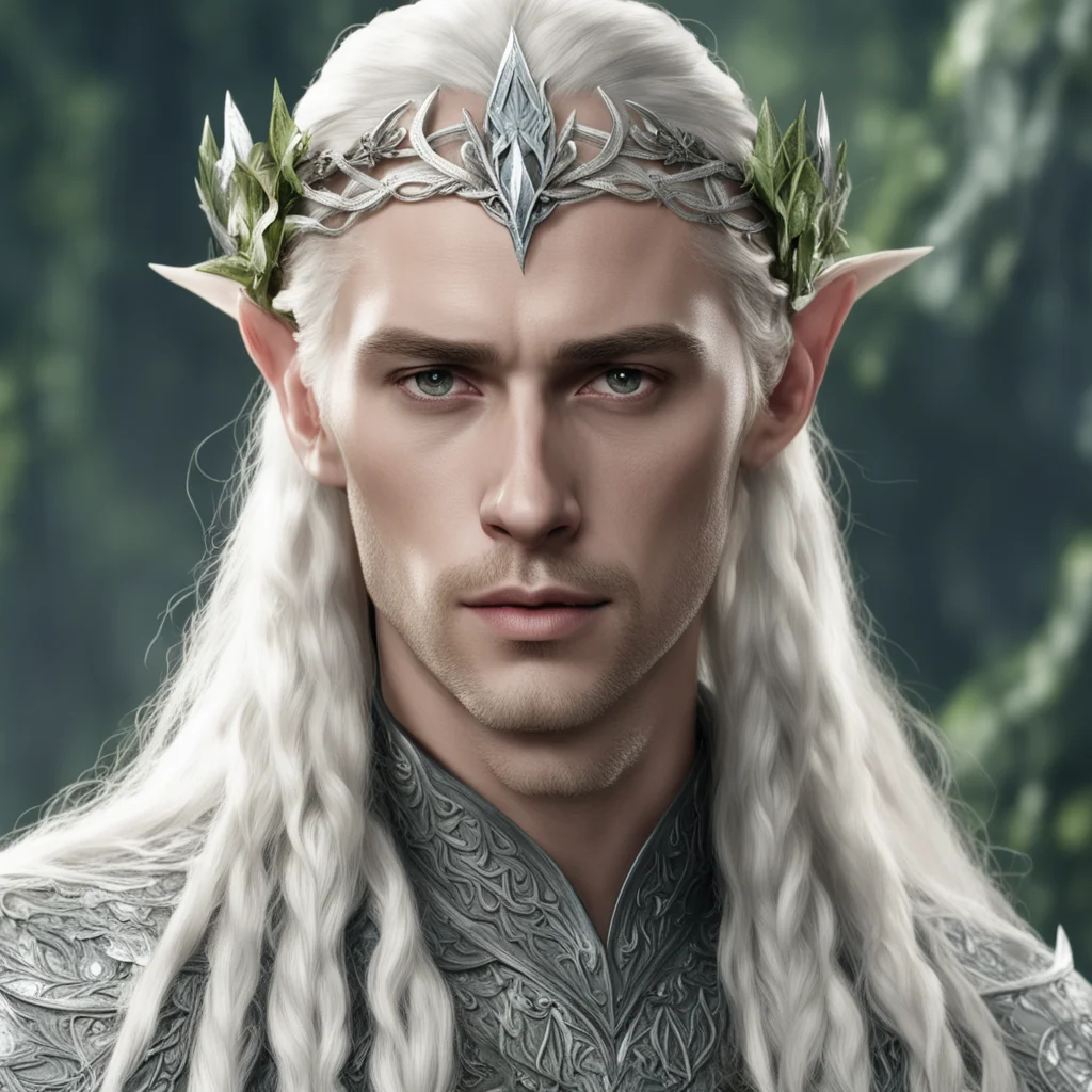 aiking thranduil with blond hair with braids wearing silver ivy leaf elvish circlet with large diamonds good looking trending fantastic 1