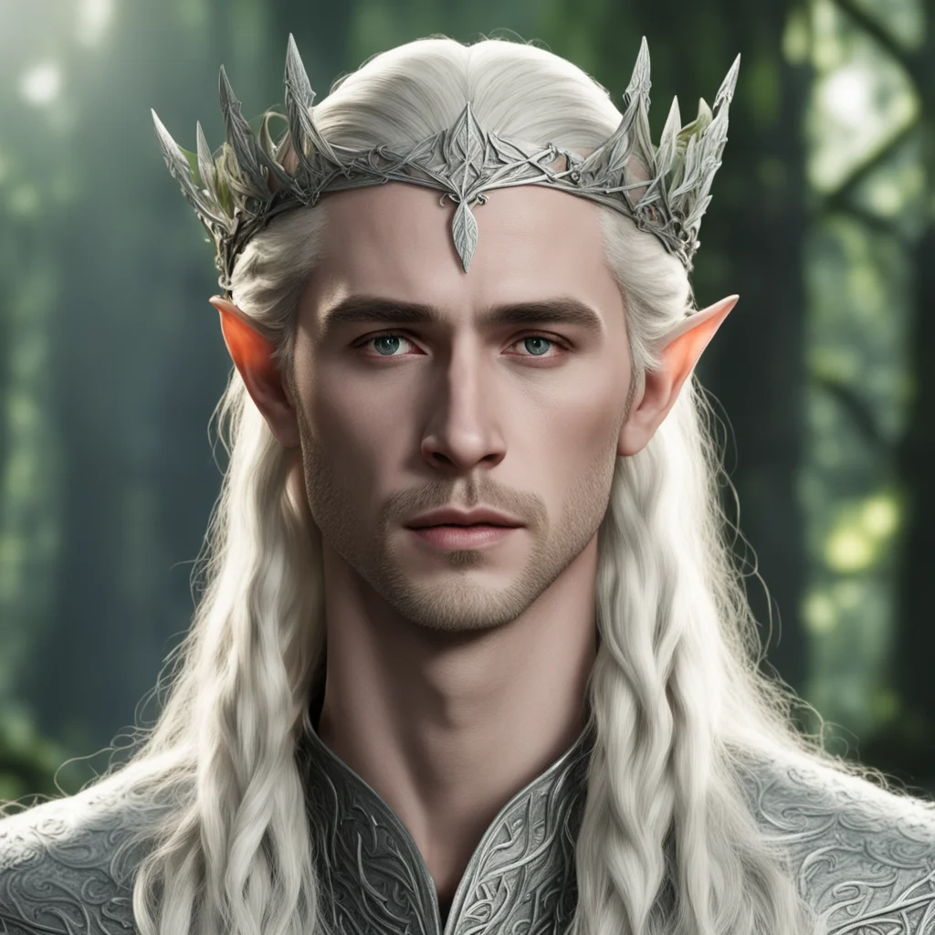aiking thranduil with blond hair with braids wearing silver ivy leaf elvish circlet with large diamonds
