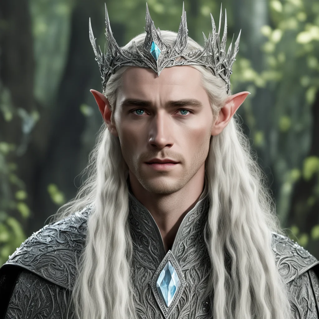 aiking thranduil with blond hair with braids wearing silver laurel leaf elvish circlet encrusted with diamonds with large center diamond amazing awesome portrait 2