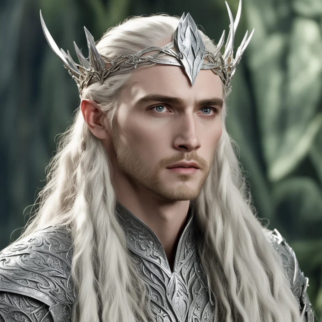 aiking thranduil with blond hair with braids wearing silver laurel leaf elvish circlet encrusted with diamonds with large center diamond confident engaging wow artstation art 3