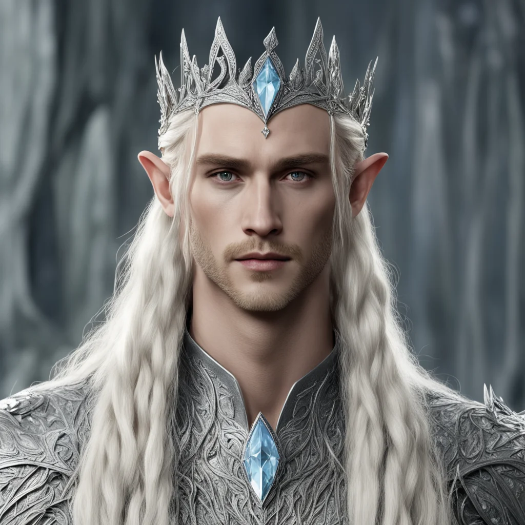 aiking thranduil with blond hair with braids wearing silver laurel leaf elvish circlet encrusted with diamonds with large center diamond good looking trending fantastic 1