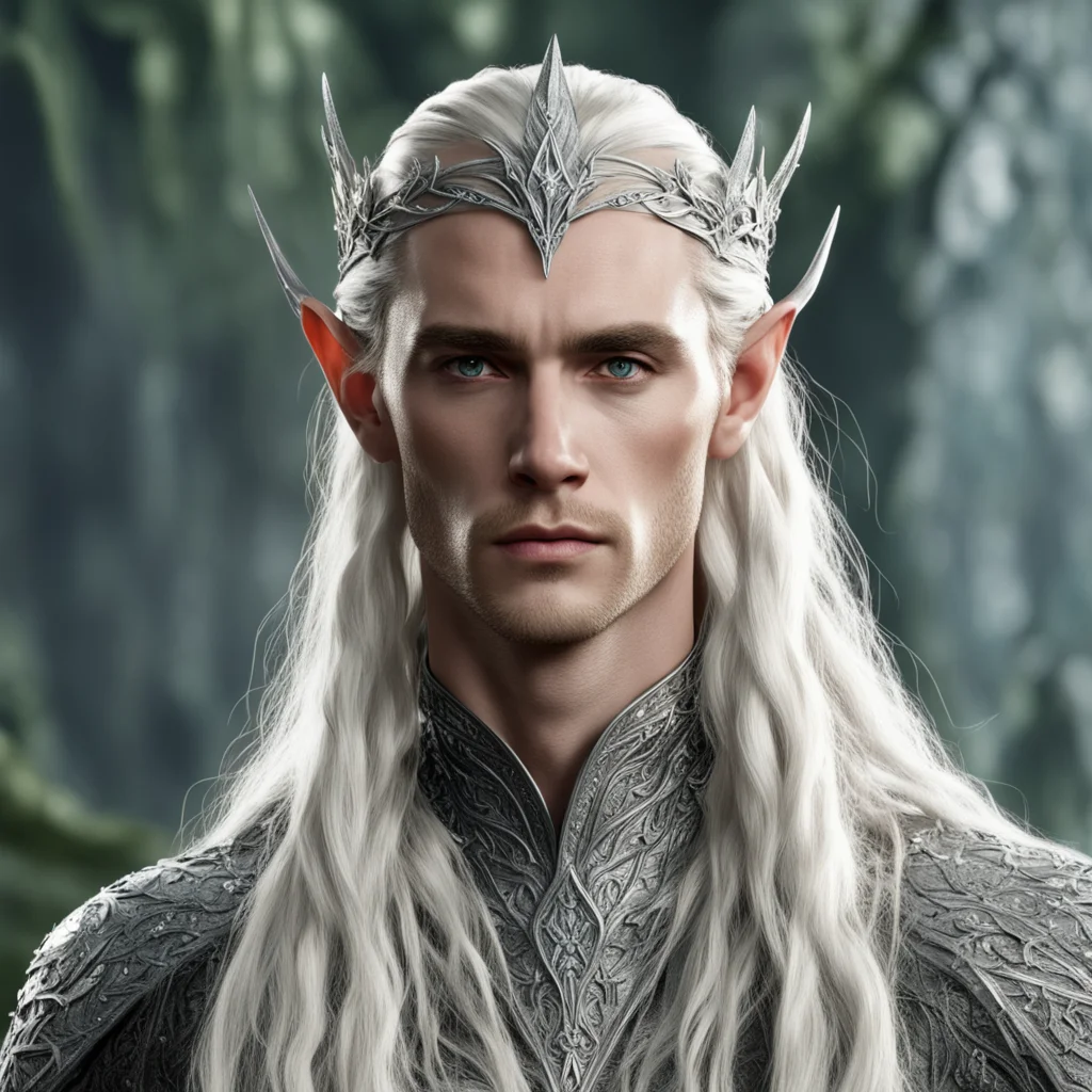 king thranduil with blond hair with braids wearing silver laurel leaf elvish circlet encrusted with diamonds with large center diamond
