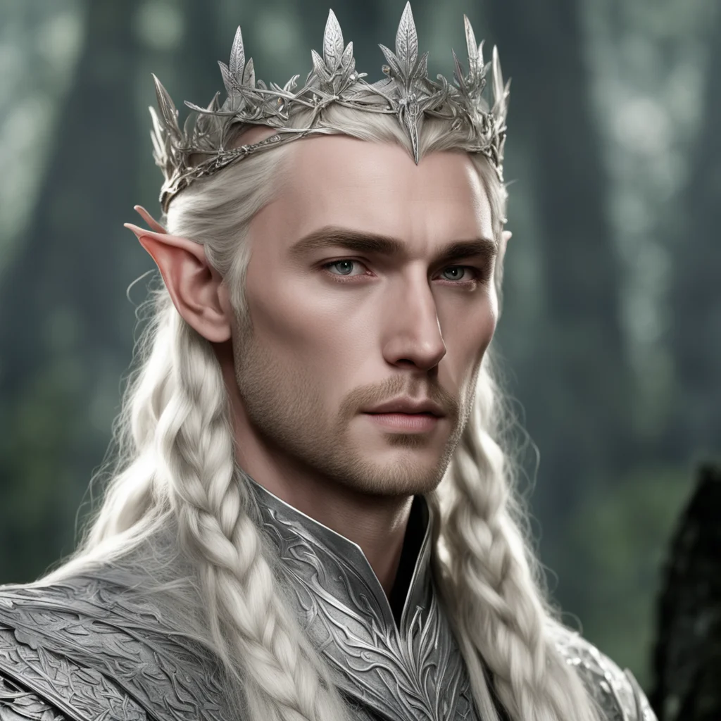 aiking thranduil with blond hair with braids wearing silver laurel leaf elvish coronet with diamonds confident engaging wow artstation art 3