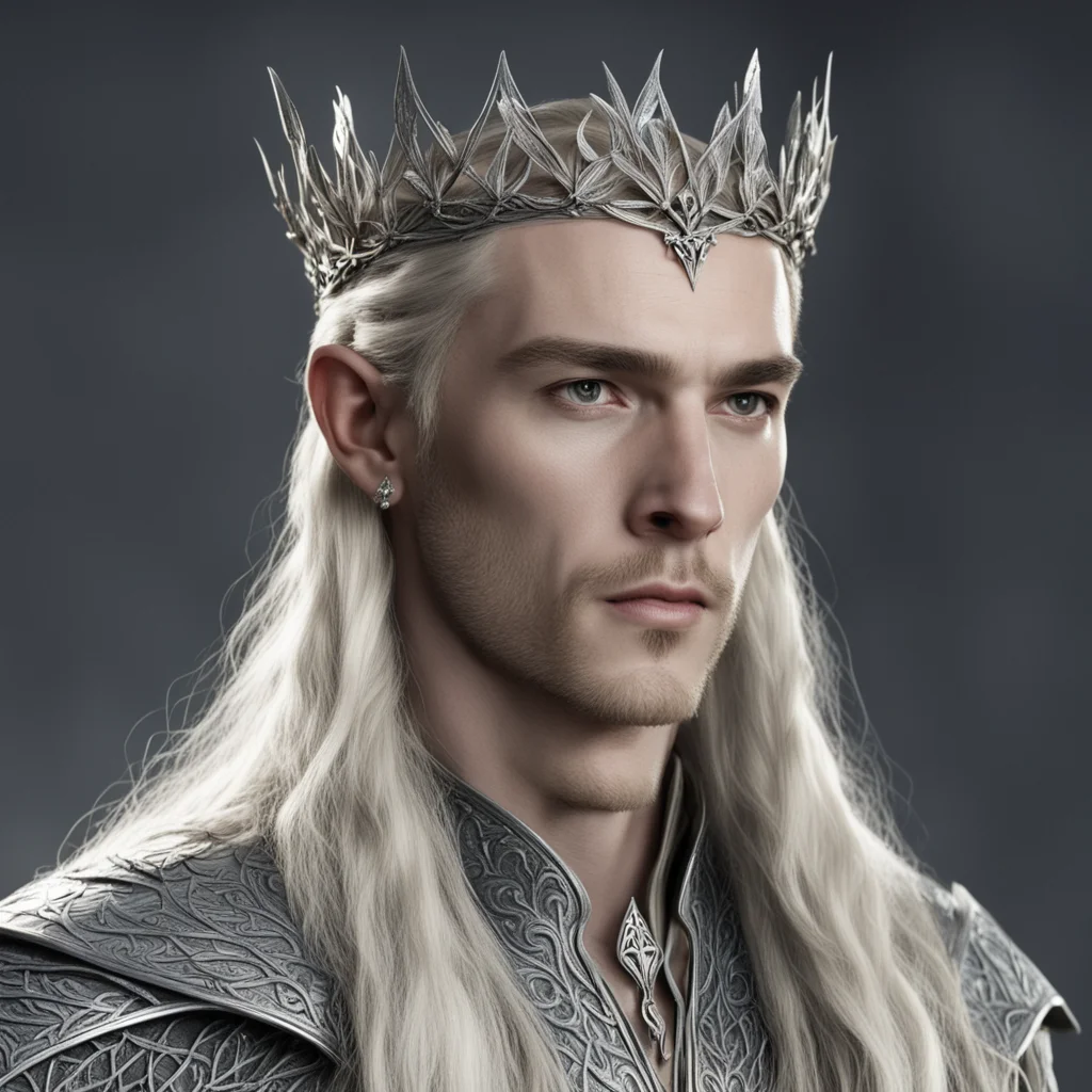 aiking thranduil with blond hair with braids wearing silver laurel leaf elvish coronet with diamonds good looking trending fantastic 1