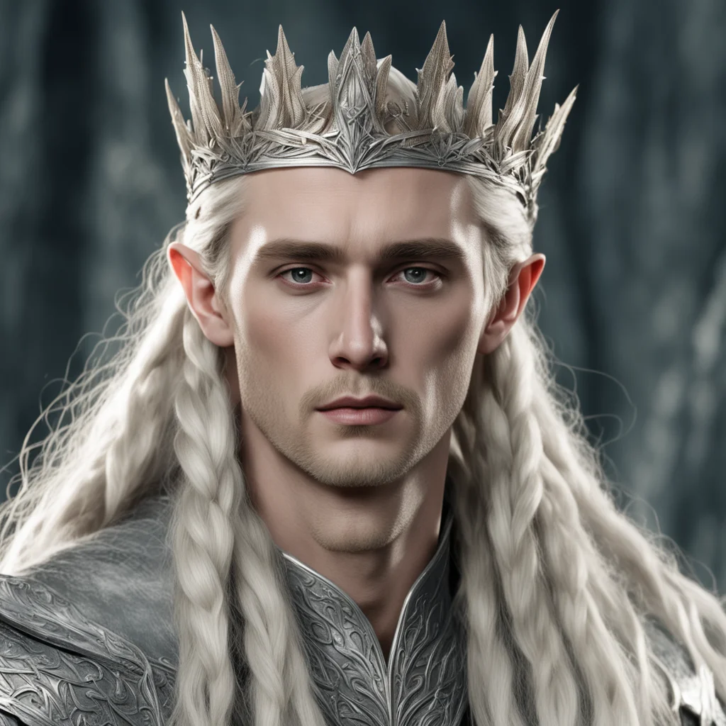 aiking thranduil with blond hair with braids wearing silver laurel leaf elvish coronet with diamonds