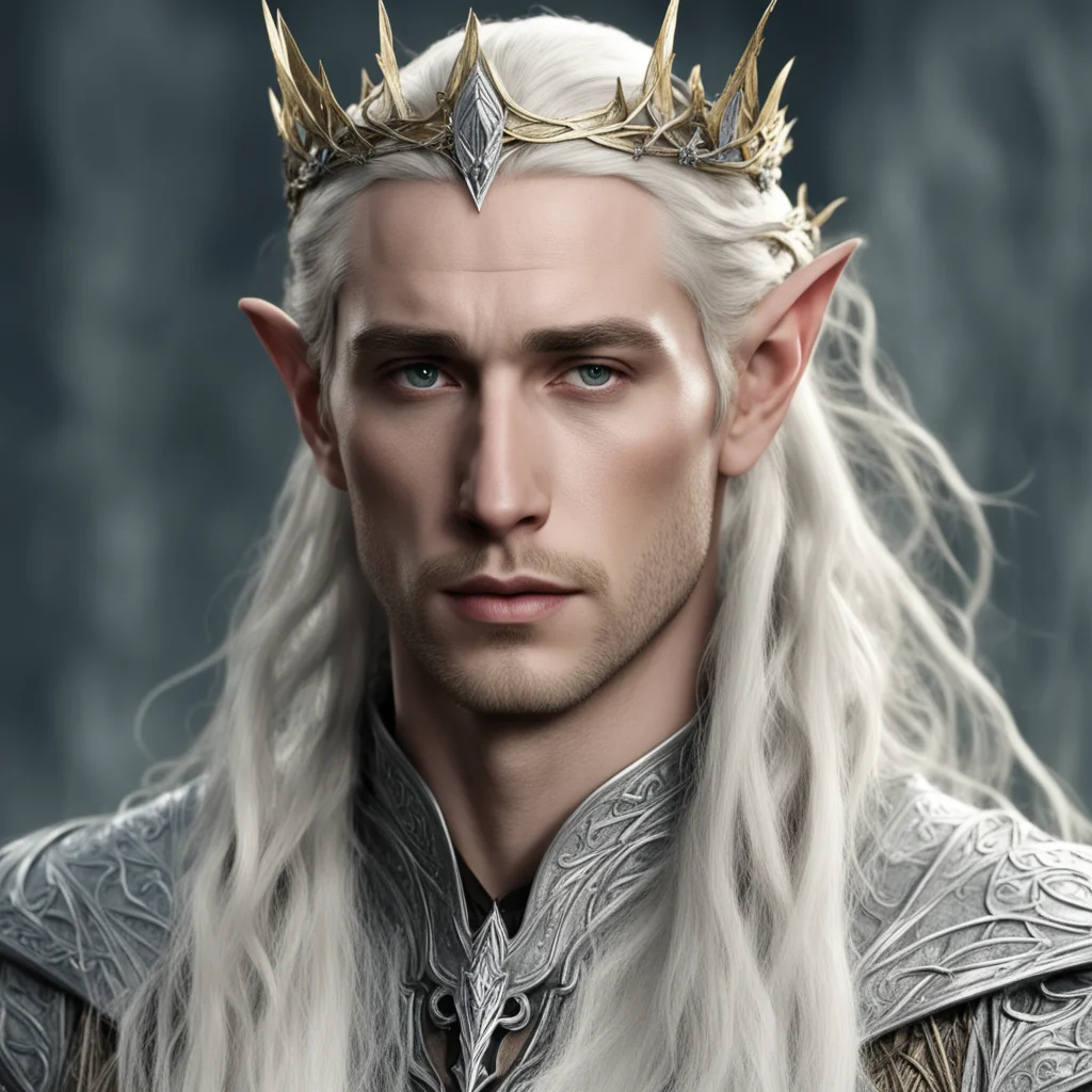 aiking thranduil with blond hair with braids wearing silver leaf and vine elvish circlet with diamonds good looking trending fantastic 1