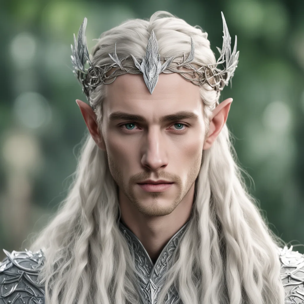 aiking thranduil with blond hair with braids wearing silver leaf and vine elvish circlet with diamonds