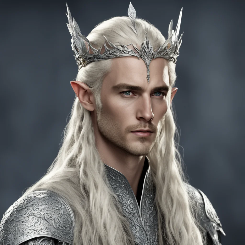 king thranduil with blond hair with braids wearing silver leaf elvish circlet encrusted with diamonds confident engaging wow artstation art 3