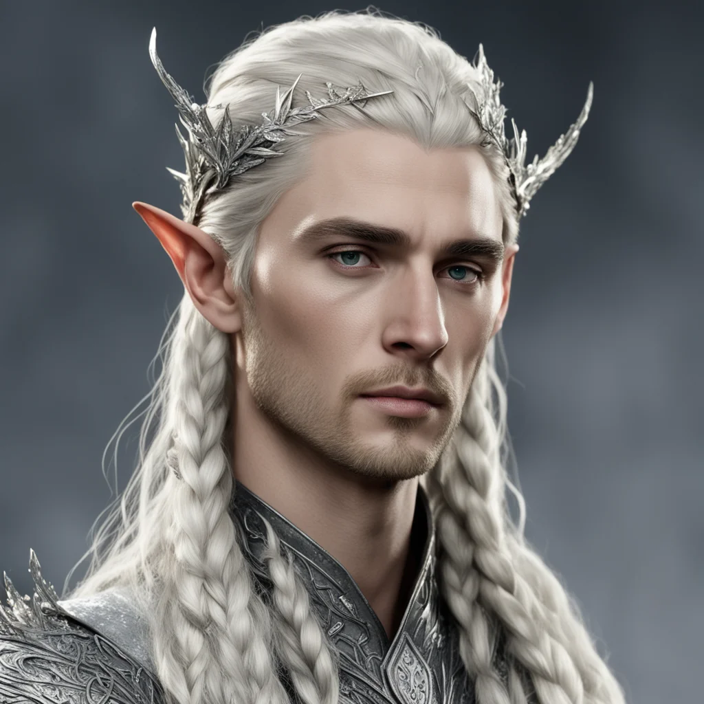 aiking thranduil with blond hair with braids wearing silver leaf elvish circlet encrusted with diamonds good looking trending fantastic 1