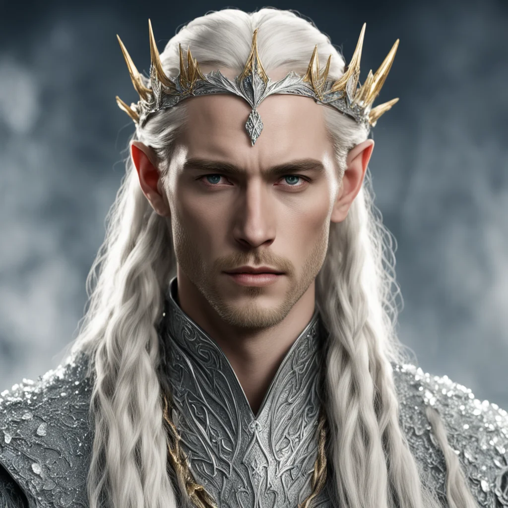 king thranduil with blond hair with braids wearing silver leaf elvish circlet encrusted with diamonds