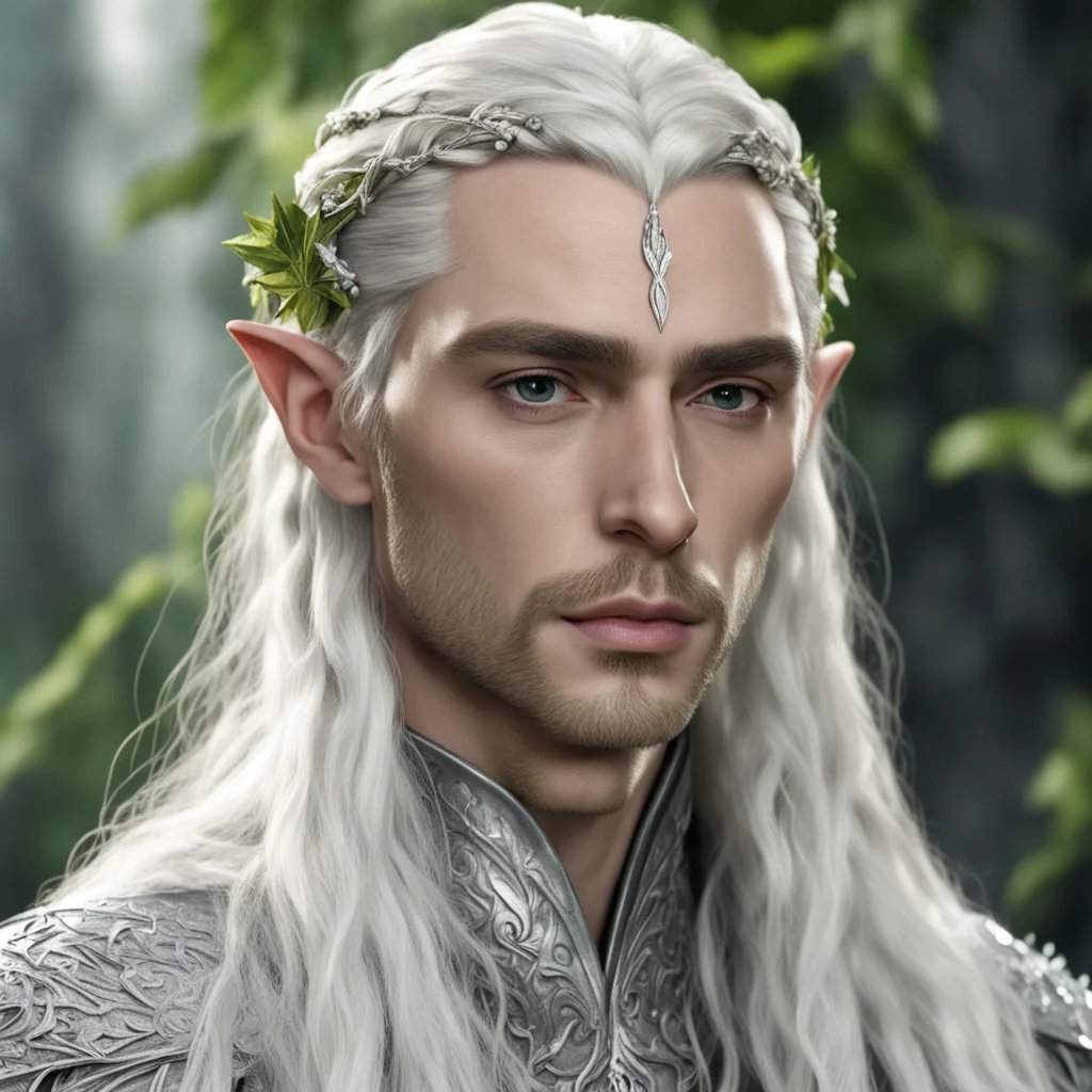 aiking thranduil with blond hair with braids wearing silver leaf elvish circlet with diamond berries amazing awesome portrait 2