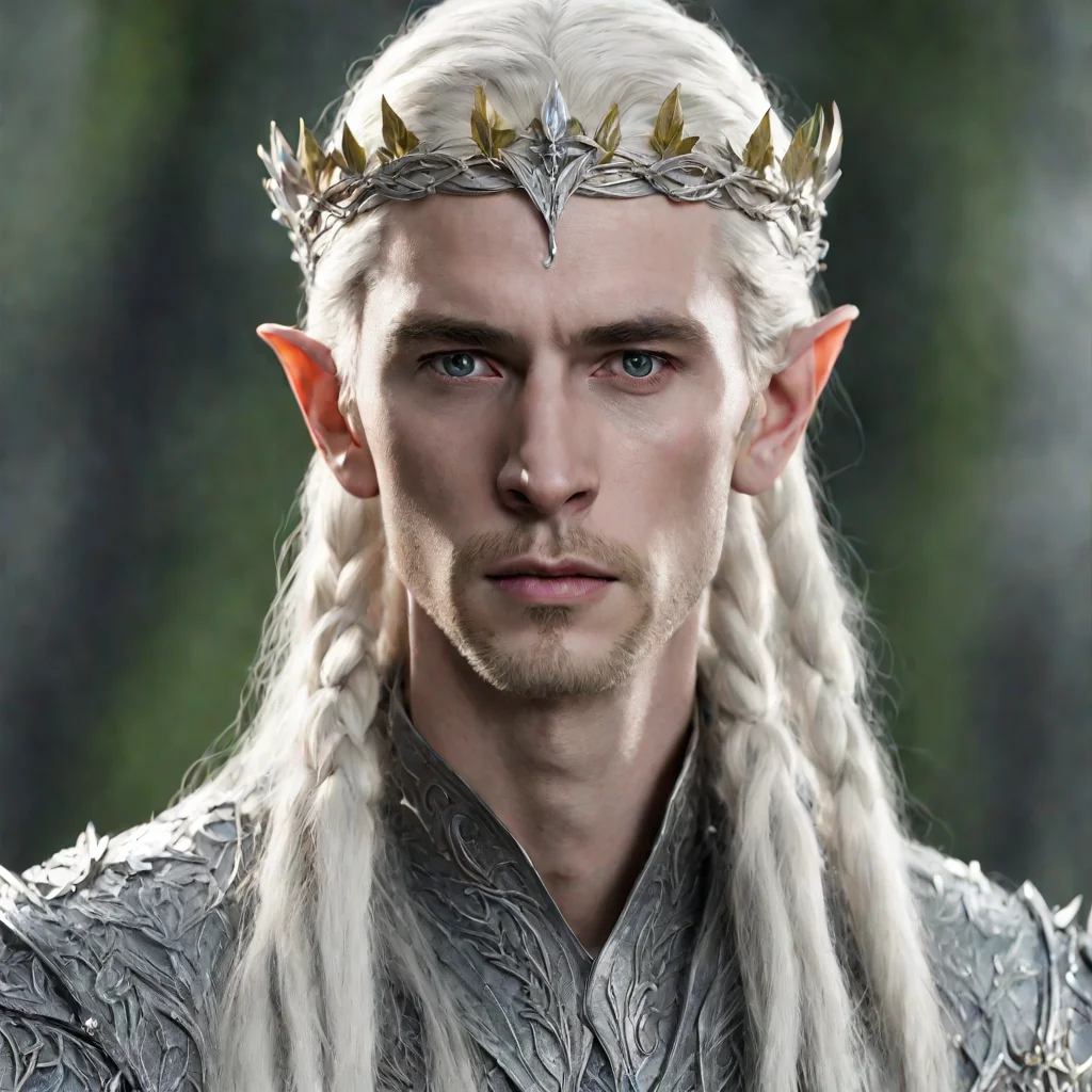 aiking thranduil with blond hair with braids wearing silver leaf elvish circlet with diamond berries confident engaging wow artstation art 3