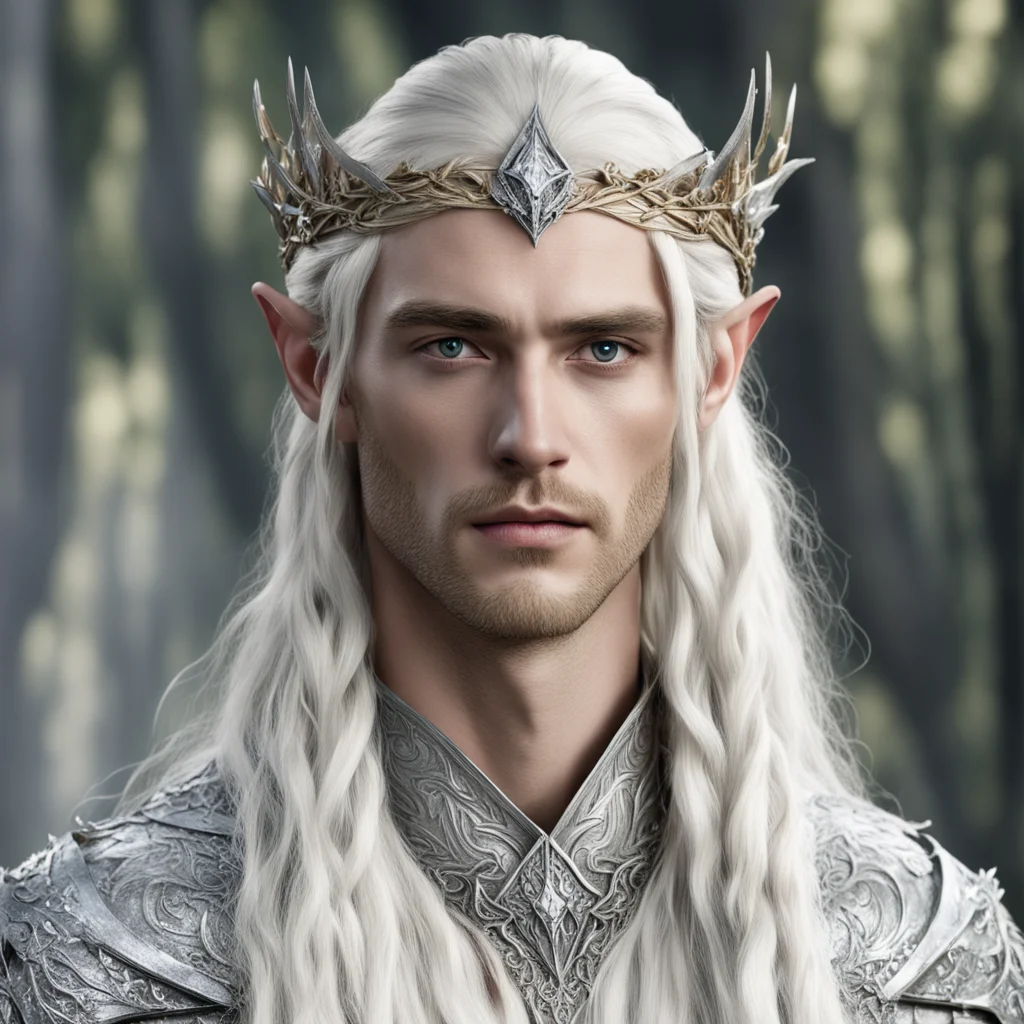 aiking thranduil with blond hair with braids wearing silver leaf elvish circlet with diamond berries with large center diamond amazing awesome portrait 2