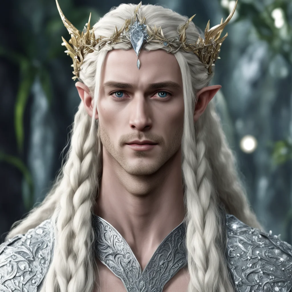 aiking thranduil with blond hair with braids wearing silver leaf elvish circlet with diamond berries with large center diamond confident engaging wow artstation art 3