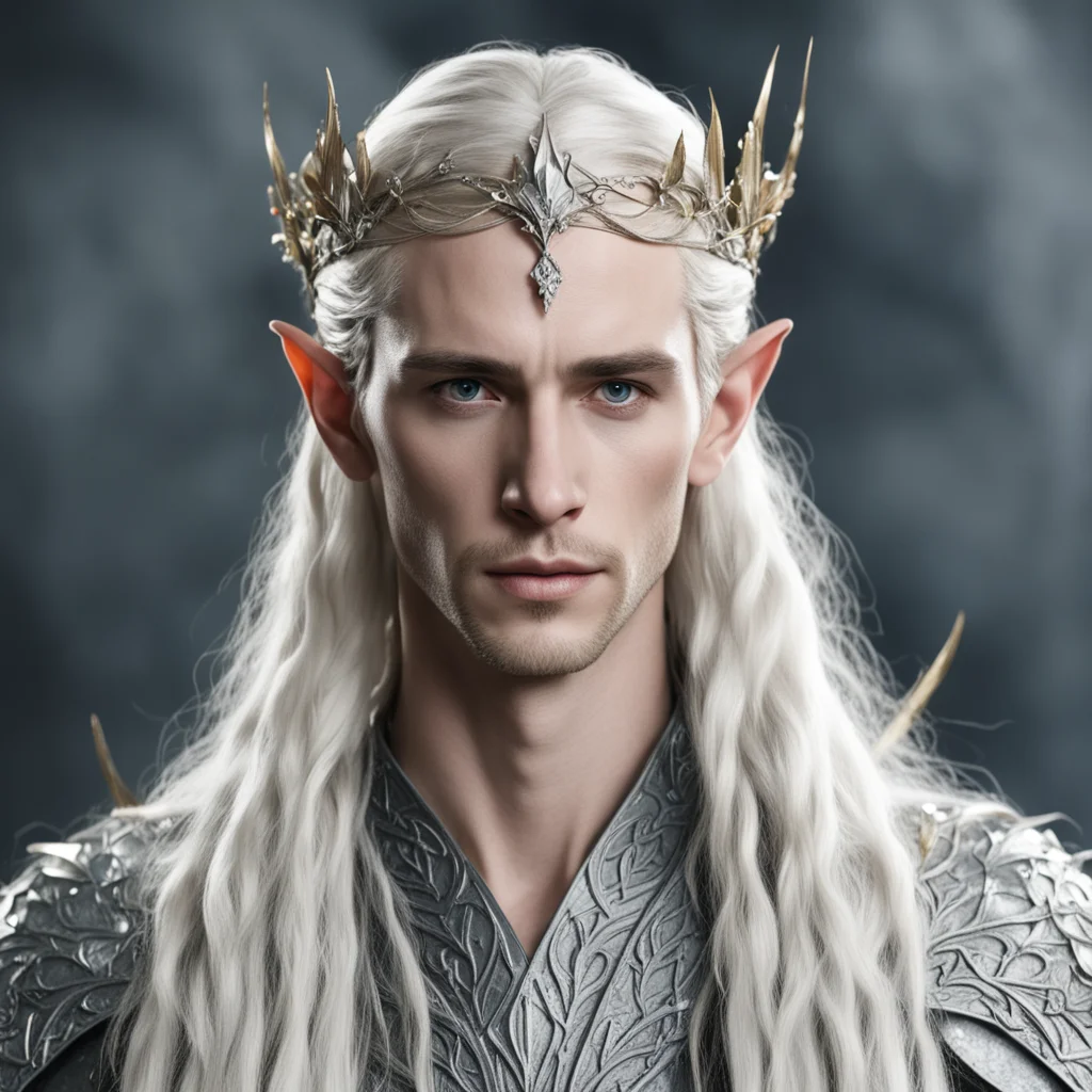 king thranduil with blond hair with braids wearing silver leaf elvish circlet with diamond berries with large center diamond good looking trending fantastic 1