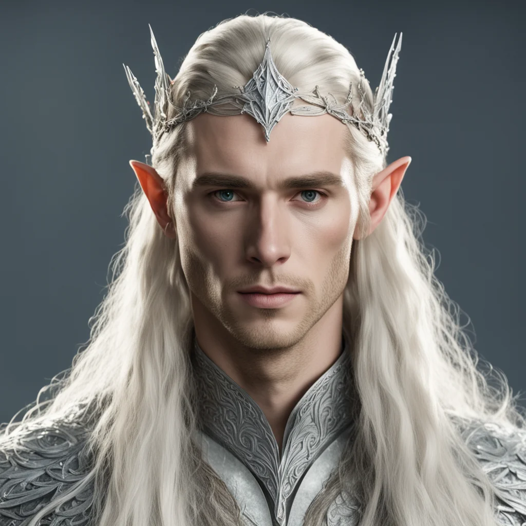 king thranduil with blond hair with braids wearing silver leaf elvish circlet with diamond berries with large center diamond