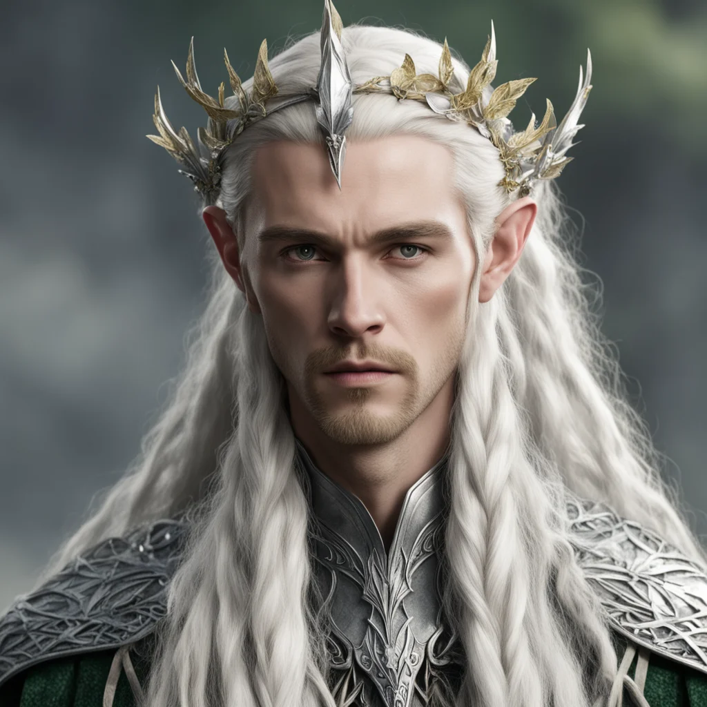 king thranduil with blond hair with braids wearing silver leaf elvish circlet with diamond berries